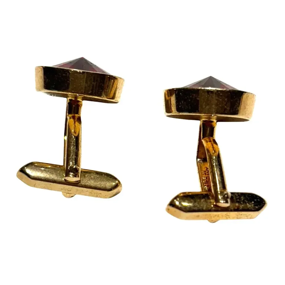 Vintage Mid Century Gold Cufflinks Red Tivoli Style Stones Signed West Germany